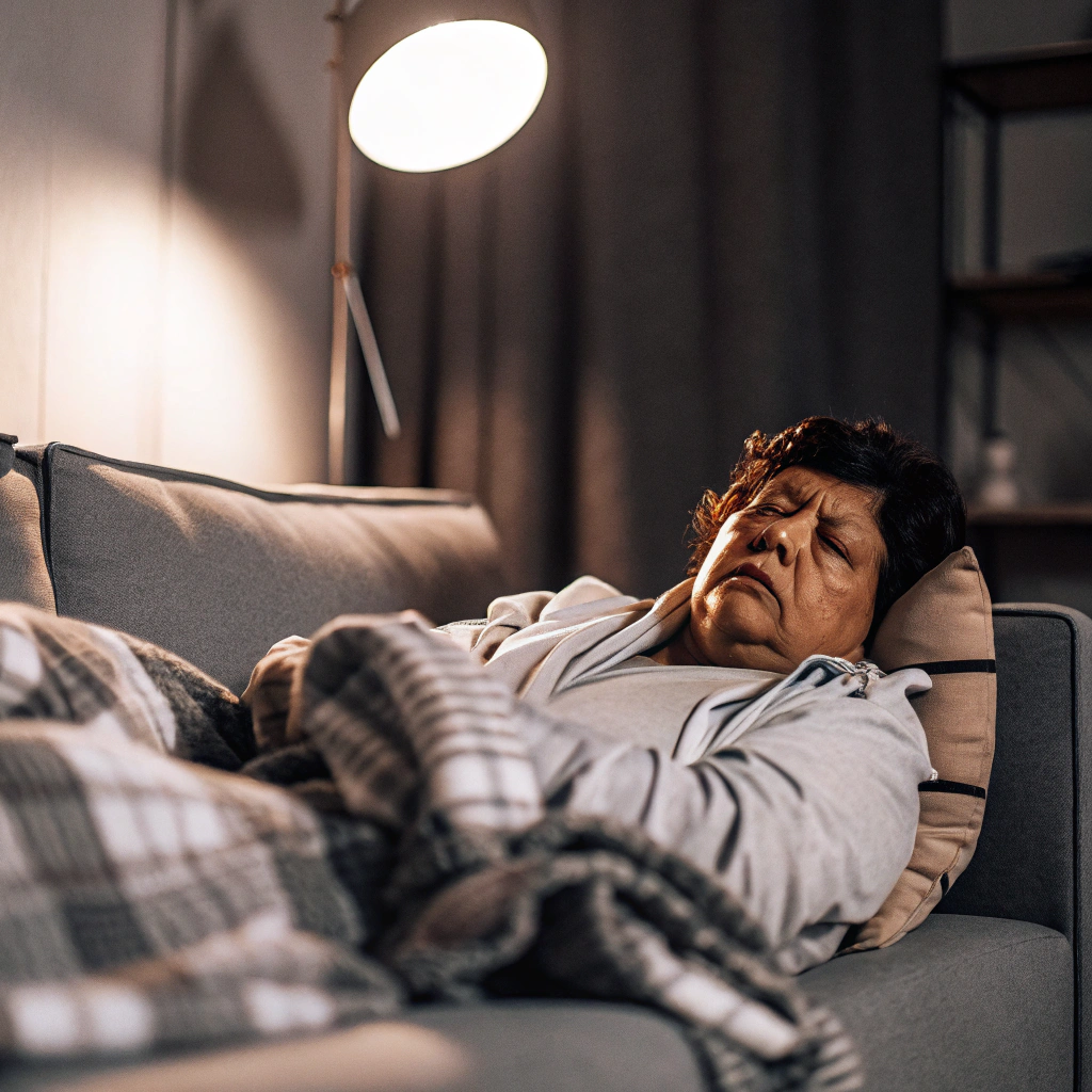 A middle-aged person with diabetes snoring on a couch