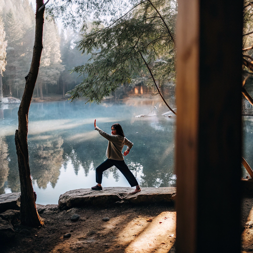A serene individual practicing Tai Chi amidst a peaceful natural landscape