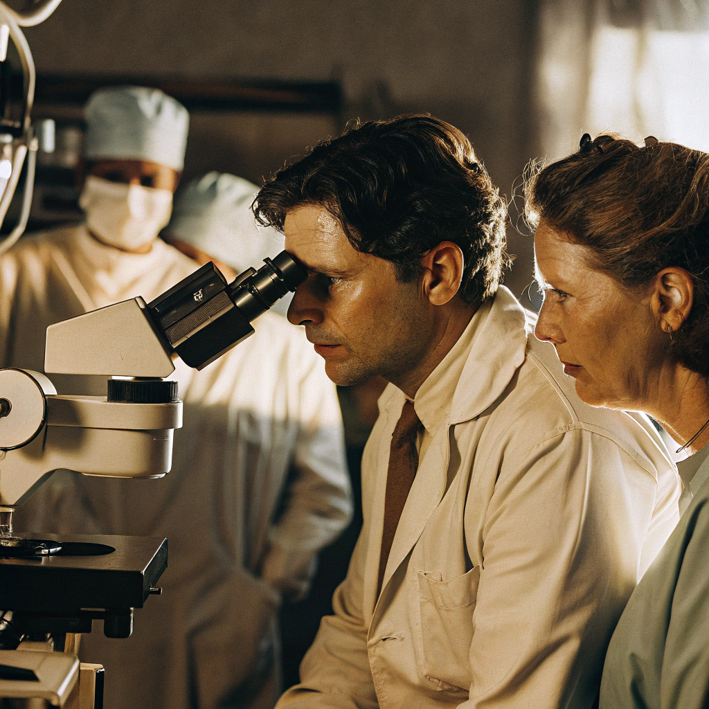 Multidisciplinary healthcare team examining a microscope, highlighting collaborative approach in treating gastrointestinal neuroendocrine carcinoma.