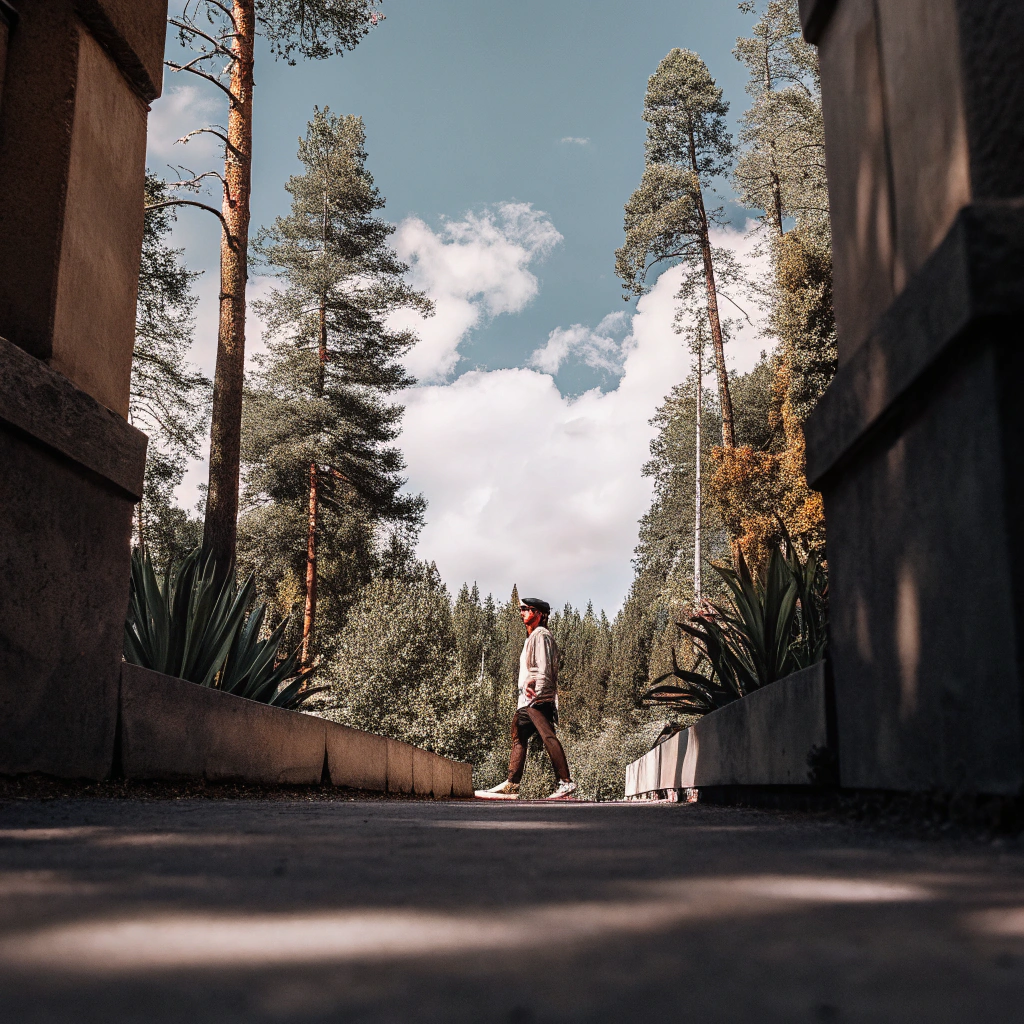 person walking in a park on a sunny day
