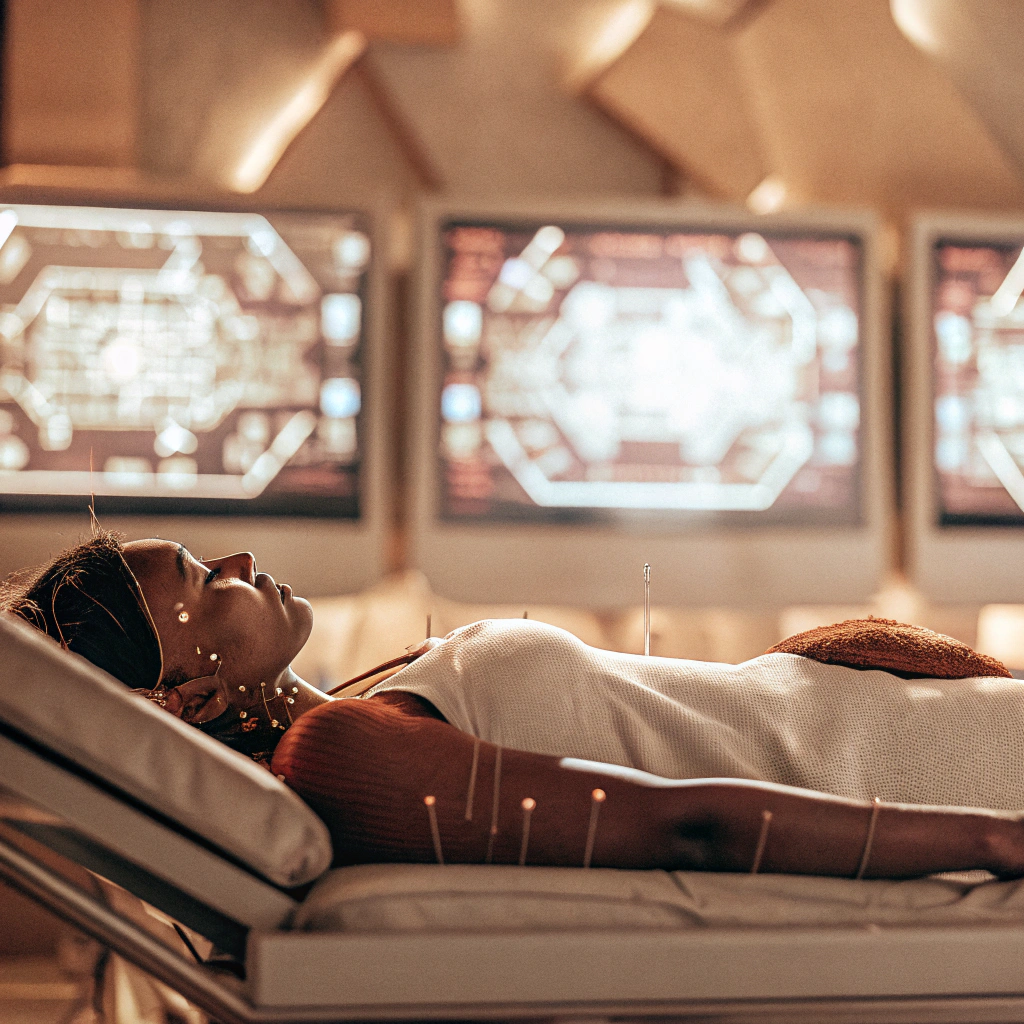 Person receives acupuncture in futuristic clinic with molecular technology