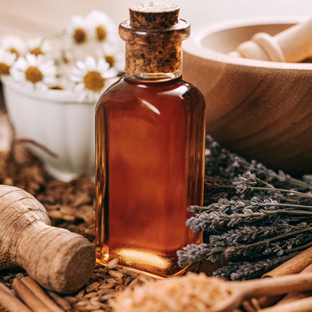 Golden honey syrup bottle amidst a selection of traditional herbs
