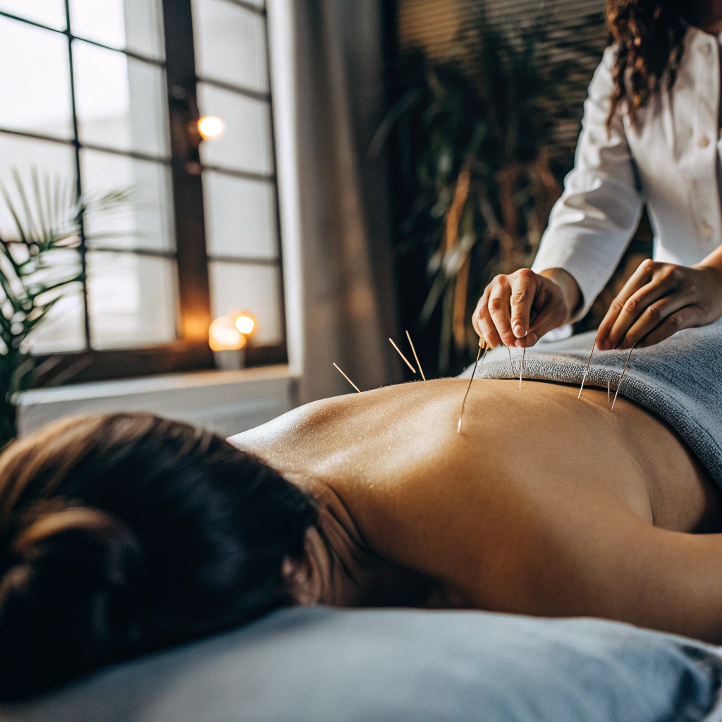 A person receiving acupuncture for back pain relief