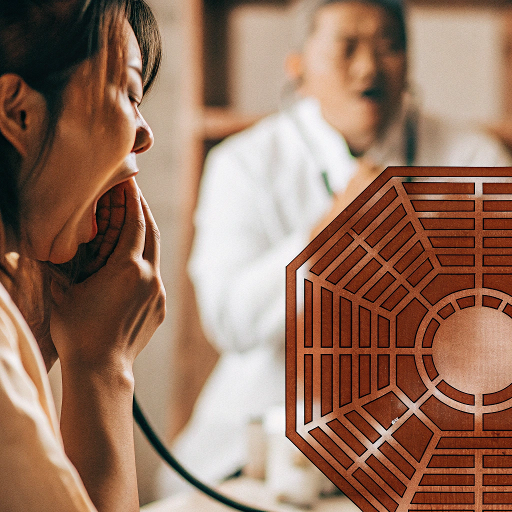 A person struggling to breathe, with a blurred background of a doctor near medical equipment featuring a traditional Chinese medicine-inspired symbol