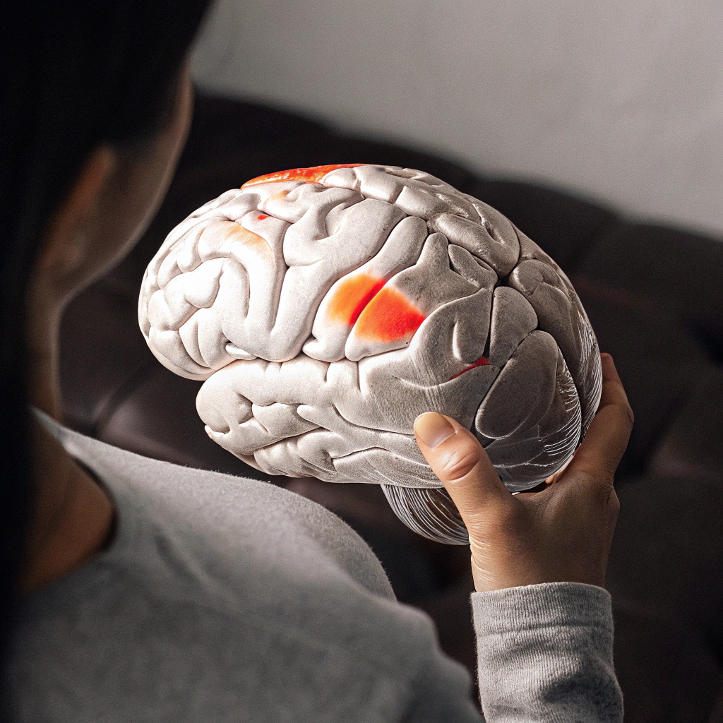 A person's brain with bright glowing areas representing heightened serotonin activity in regions associated with emotional regulation and calmness.